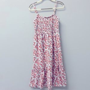 White Knee-Length Summer Dress with Red and Blue Flowers, SIZE MEDIUM